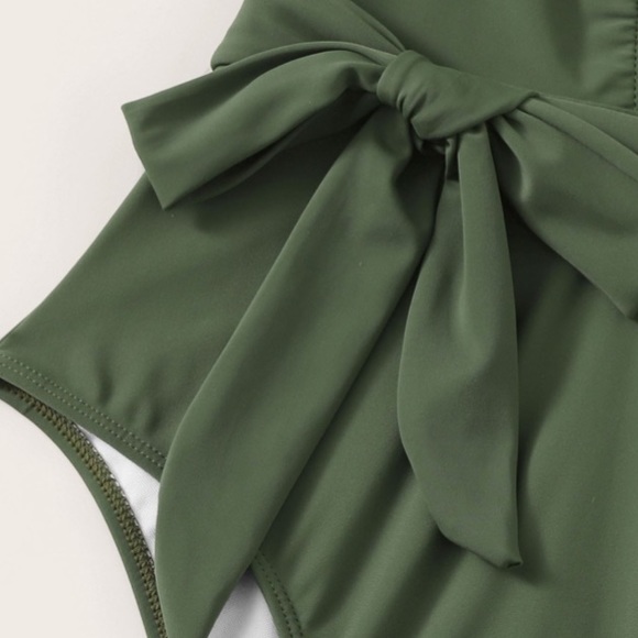 Olive Green Lined Plunging Neckline One Piece Swimsuit - Picture 5 of 12